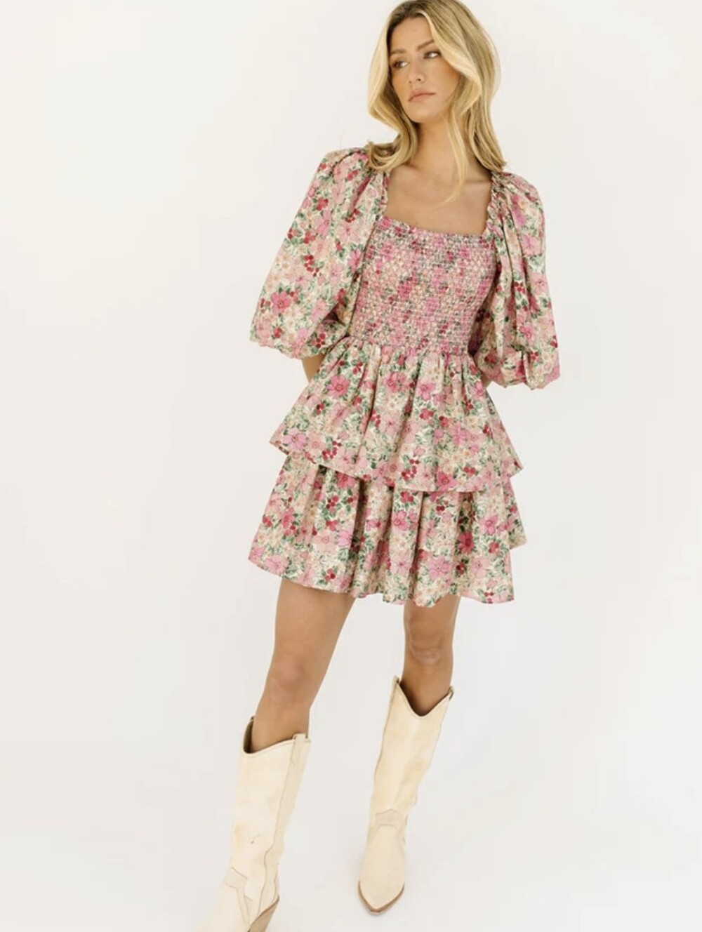 Sophie The Label Pink Floral Mini Dress Puff Sleeves Smocked Cottagecore Size S